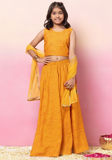 Yellow Printed Lehenga With Embroidered Blouse And Mesh Dupatta (Set of 3)