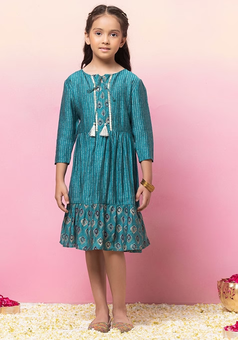 Turquoise Green Floral Foil Print Tiered Dress