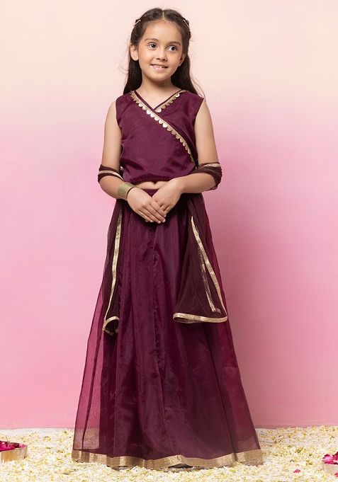 Purple Organza Lehenga With Wrap Blouse And Dupatta (Set of 3)