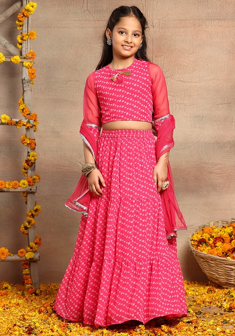 Hot Pink Bandhani Print Lehenga With Blouse And Mesh Dupatta (Set of 3)