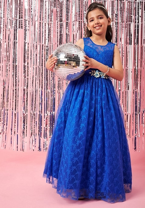 Blue Tiered Maxi Kurta With Embroidered Belt (Set of 2)