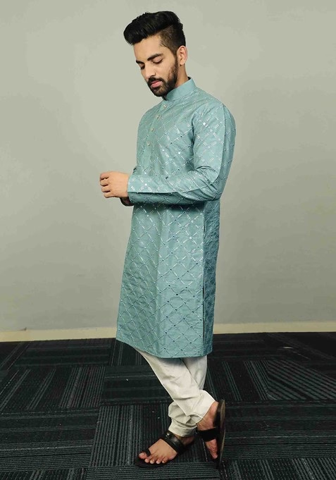 Light Blue Embroidered Heavy Soft Silk Kurta Set For Men