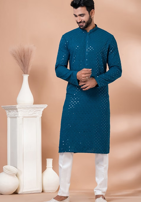 Teal Green Sequin Embroidered Georgette Kurta Set For Men