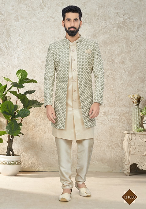 Cream Embroidered Poly Blend Indo Western Jacket And Kurta Set For Men
