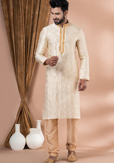 Cream Jacquard Kurta Pyjama Set For Men