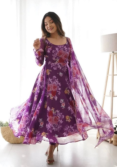 Purple Printed Georgette Anarkali Set With Dupatta
