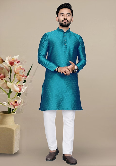 Rama Blue Embroidered Jacquard Kurta Set For Men