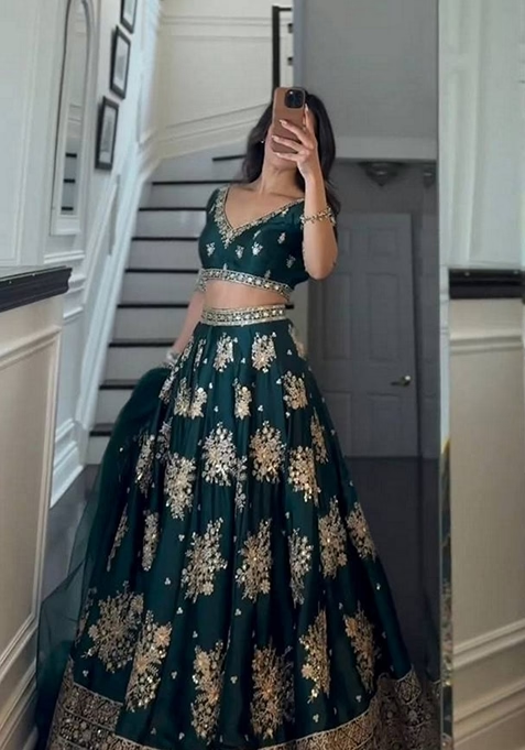 Green Sequin Thread Embroidered Satin Silk Lehenga Set