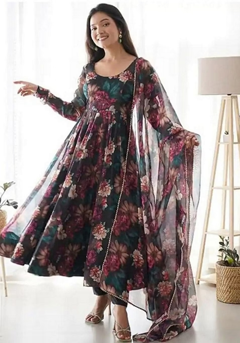 Black Digital Print Georgette Anarkali Set With Dupatta