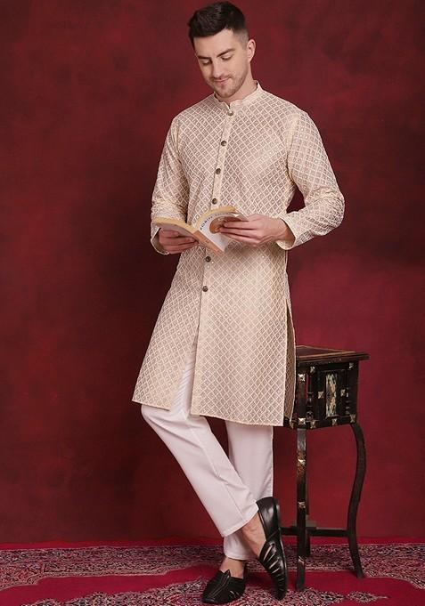 Golden Embroidered Silk Blend Kurta For Men