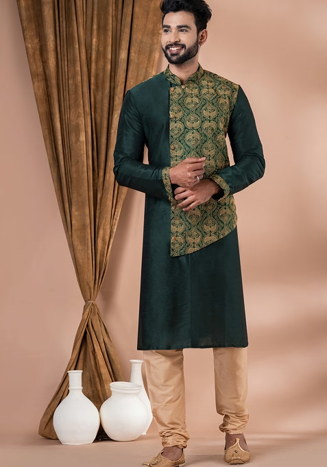 Rama Green Jacquard Kurta Pyjama For Men