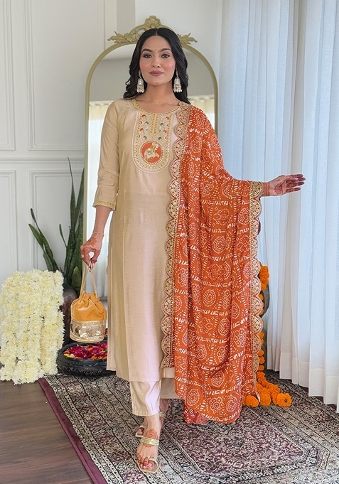 Cream Embroidered Viscose Kurta Set With Dupatta