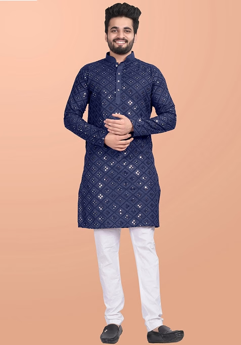 Blue Embroidered Cotton Blend Kurta Set For Men