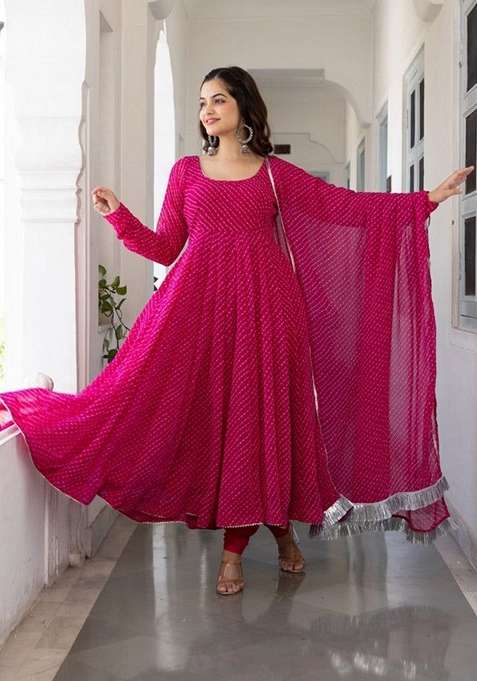 Pink Printed Georgette Anarkali Set With Dupatta