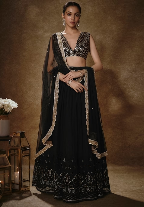 Black Sequin Embroidered Georgette Lehenga Set