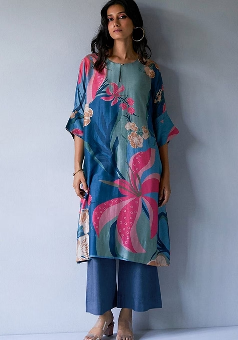 Blue Digital Print Rayon Kurta Set