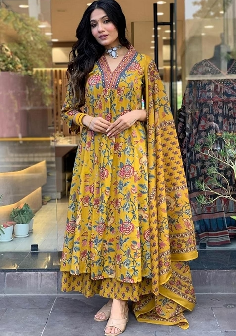 Mustard Digital Print Rayon Anarkali Set With Dupatta