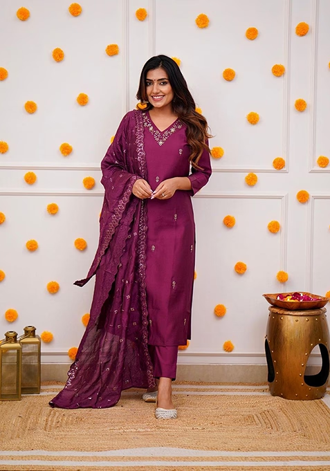 Wine Thread Embroidered Viscose Kurta Set With Dupatta